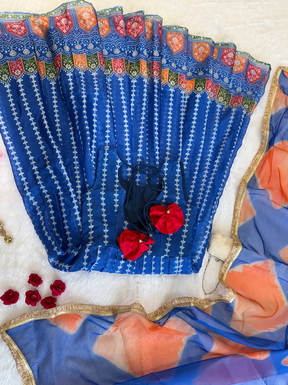 Blue Designer Digital Printed Jimmy Organza Anarkali Gown with Dupatta – Padded, Huge Flair