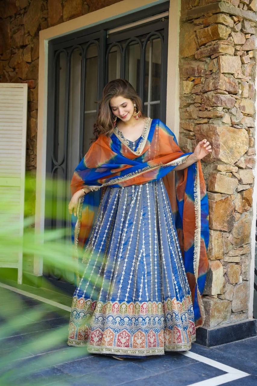 Blue Designer Digital Printed Jimmy Organza Anarkali Gown with Dupatta – Padded, Huge Flair