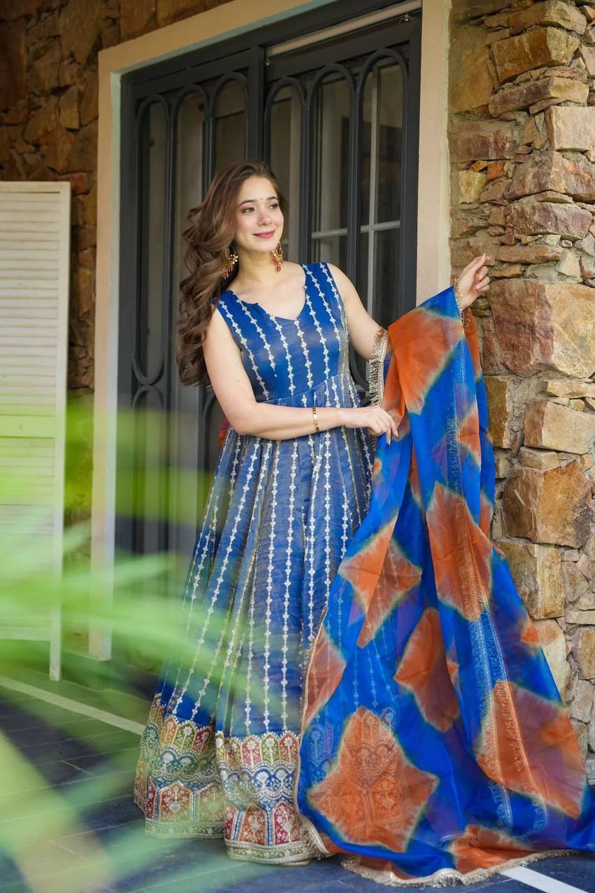 Blue Designer Digital Printed Jimmy Organza Anarkali Gown with Dupatta – Padded, Huge Flair