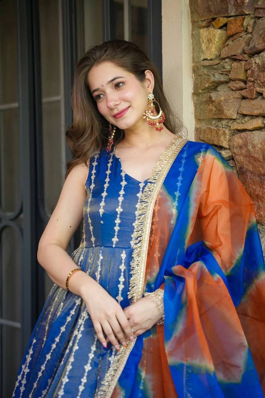 Blue Designer Digital Printed Jimmy Organza Anarkali Gown with Dupatta – Padded, Huge Flair