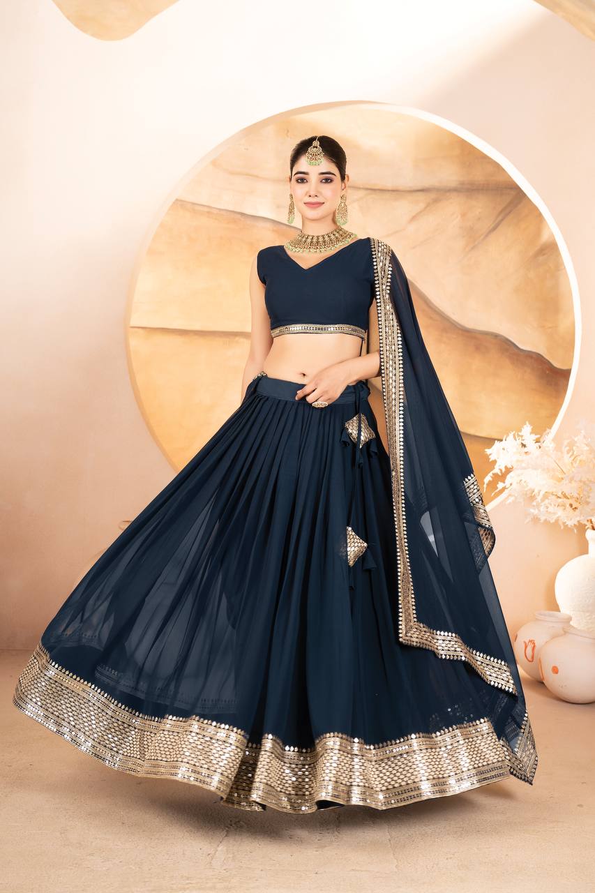 Blue Designer Dyeable Faux Blooming Lehenga Choli with 7mm Sequins Embroidery & Lace-Border Dupatta