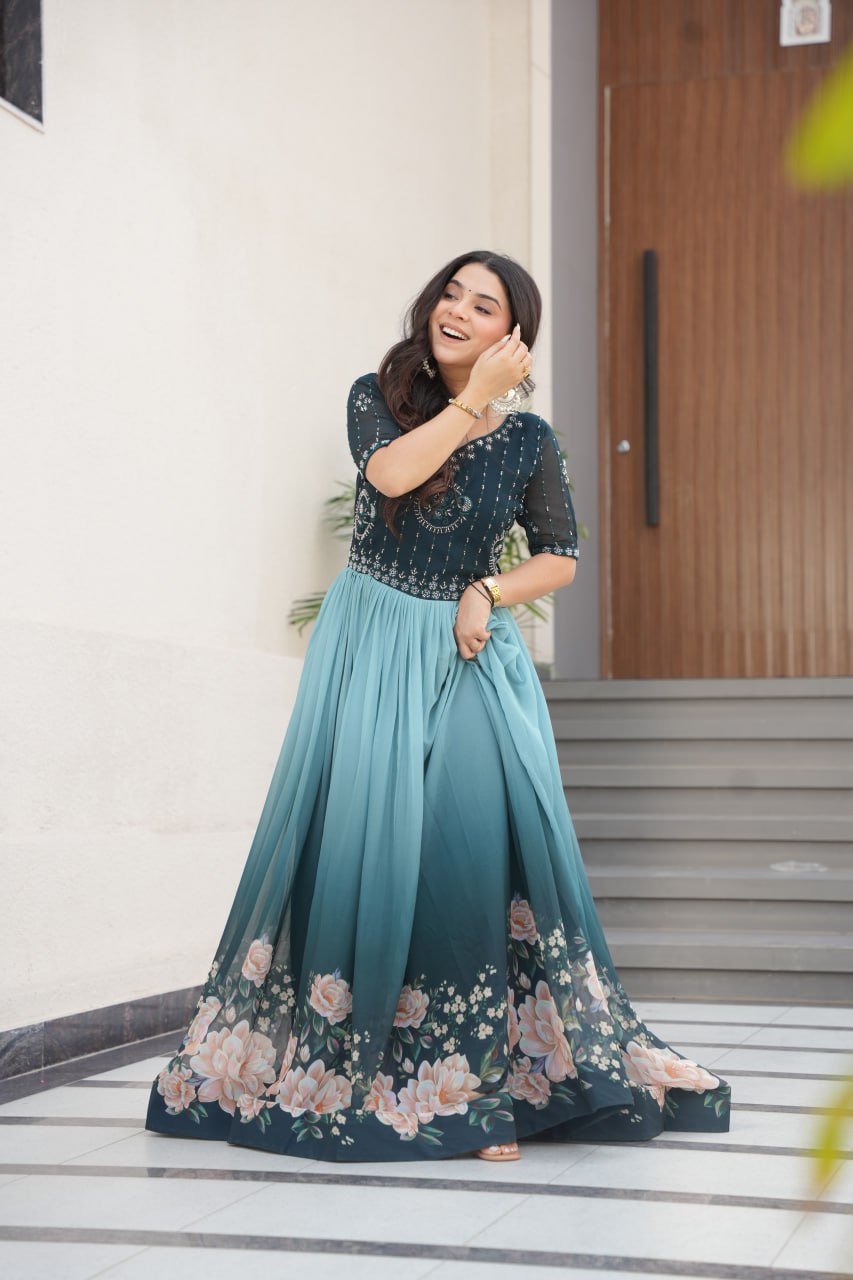 Blue Designer Faux Blooming Gown with Bead Embroidery & Digital Floral Print