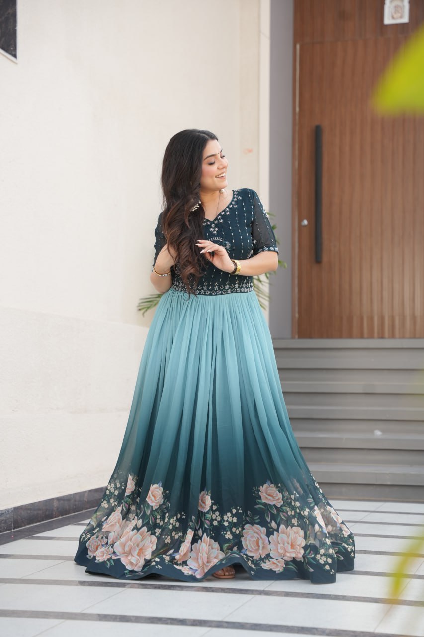 Blue Designer Faux Blooming Gown with Bead Embroidery & Digital Floral Print