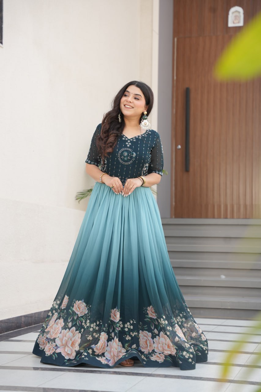 Blue Designer Faux Blooming Gown with Bead Embroidery & Digital Floral Print