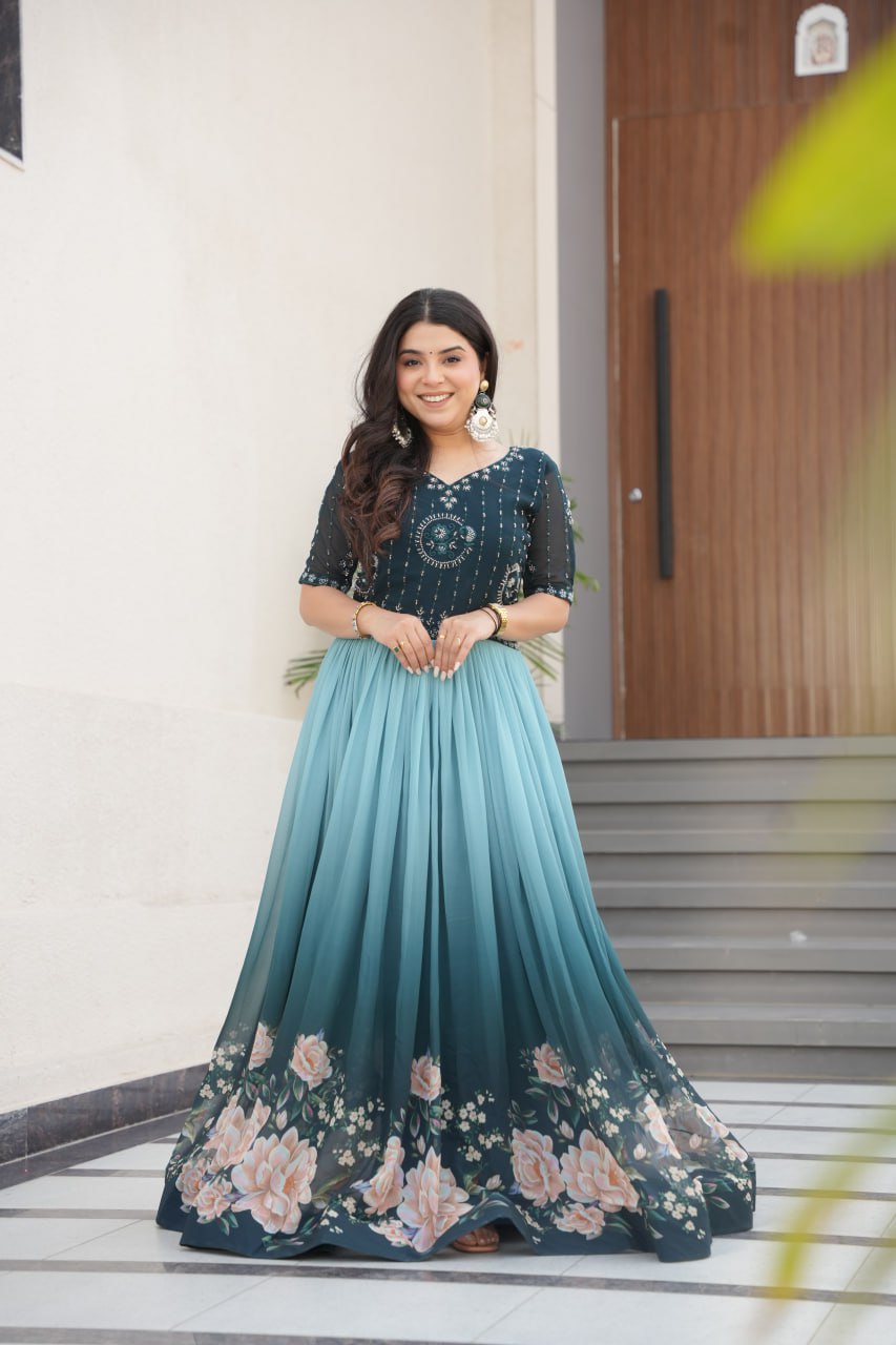 Blue Designer Faux Blooming Gown with Bead Embroidery & Digital Floral Print