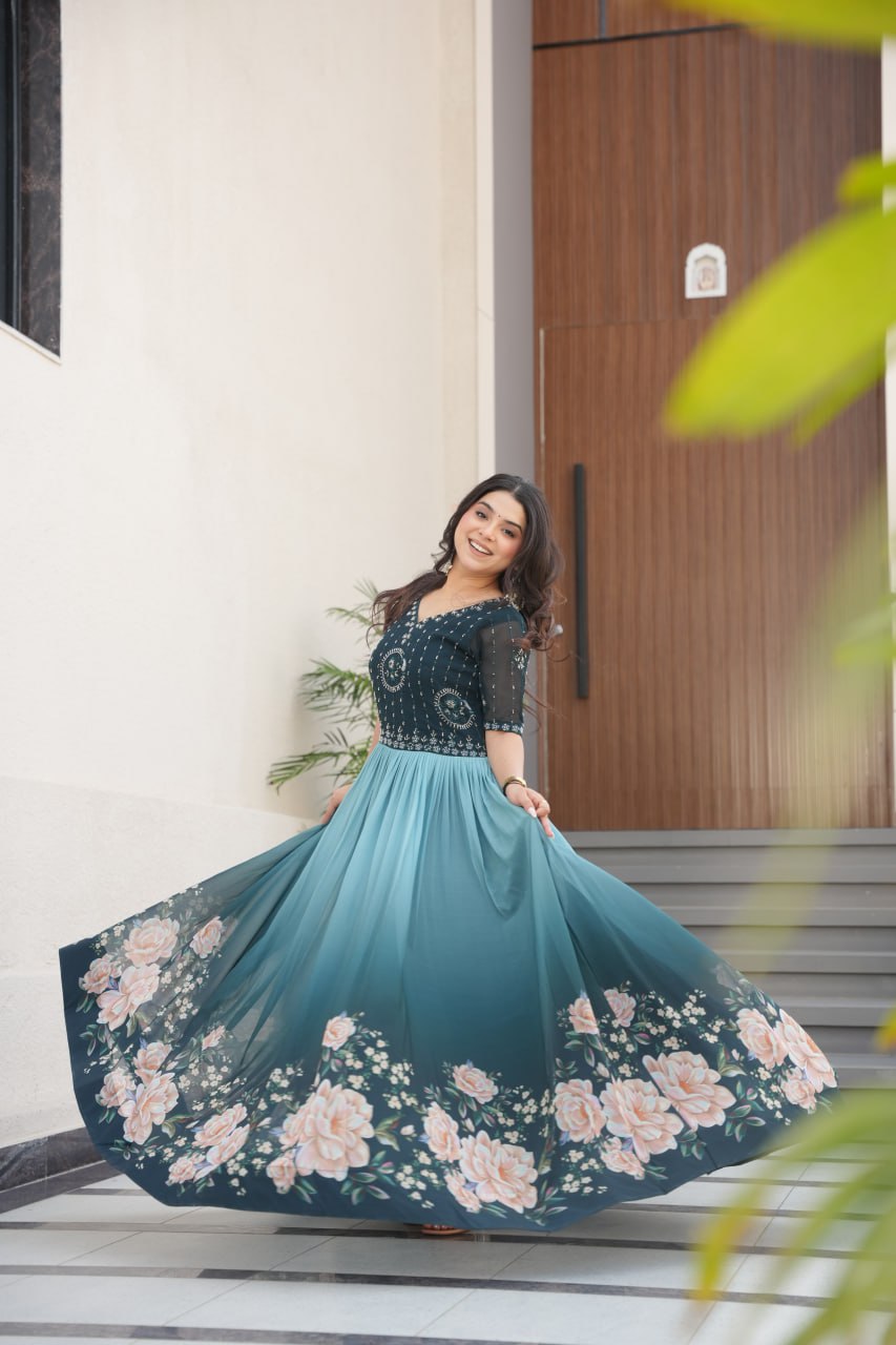 Blue Designer Faux Blooming Gown with Bead Embroidery & Digital Floral Print