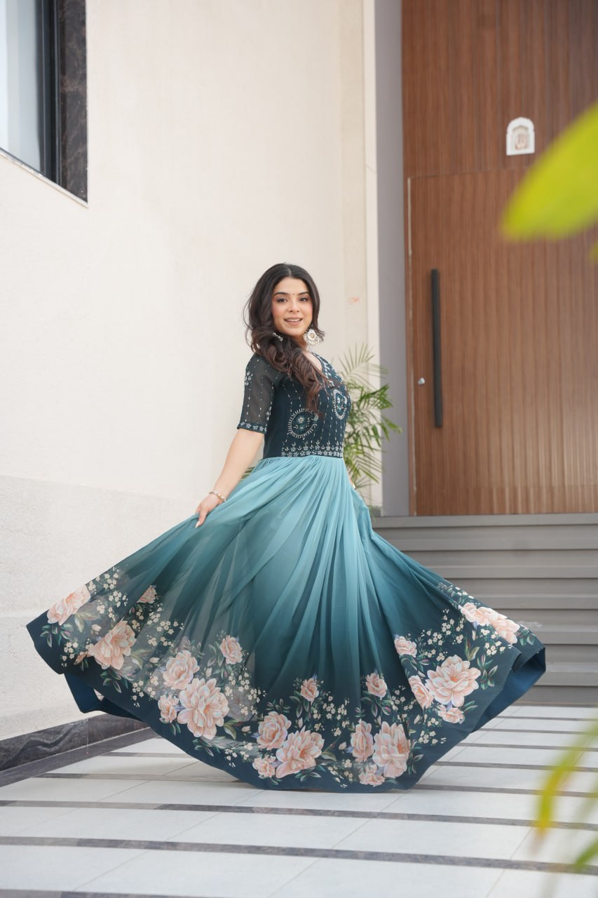 Blue Designer Faux Blooming Gown with Bead Embroidery & Digital Floral Print