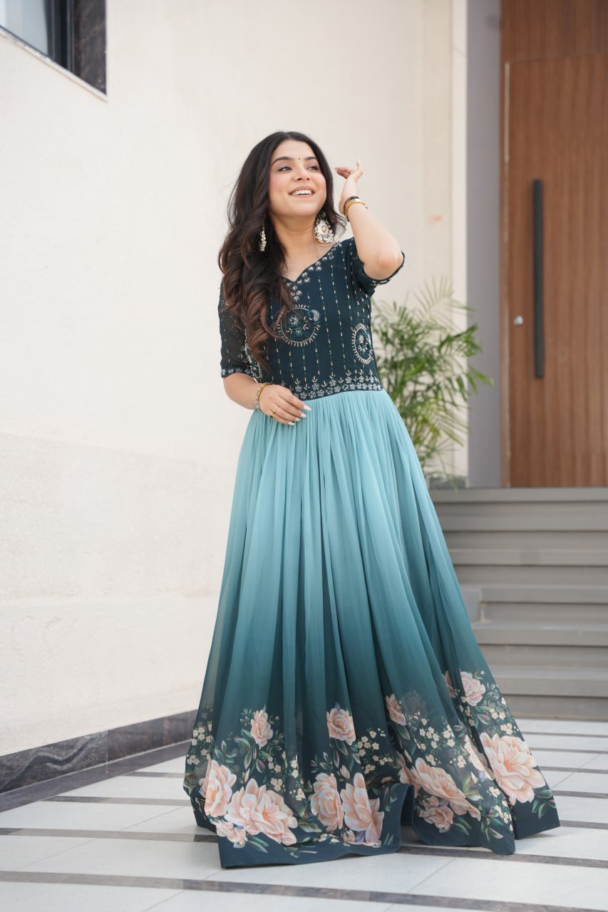 Blue Designer Faux Blooming Gown with Bead Embroidery & Digital Floral Print