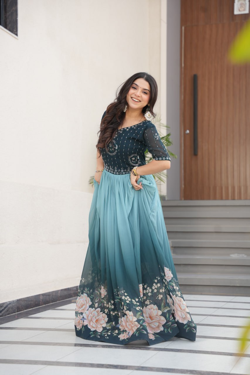 Blue Designer Faux Blooming Gown with Bead Embroidery & Digital Floral Print