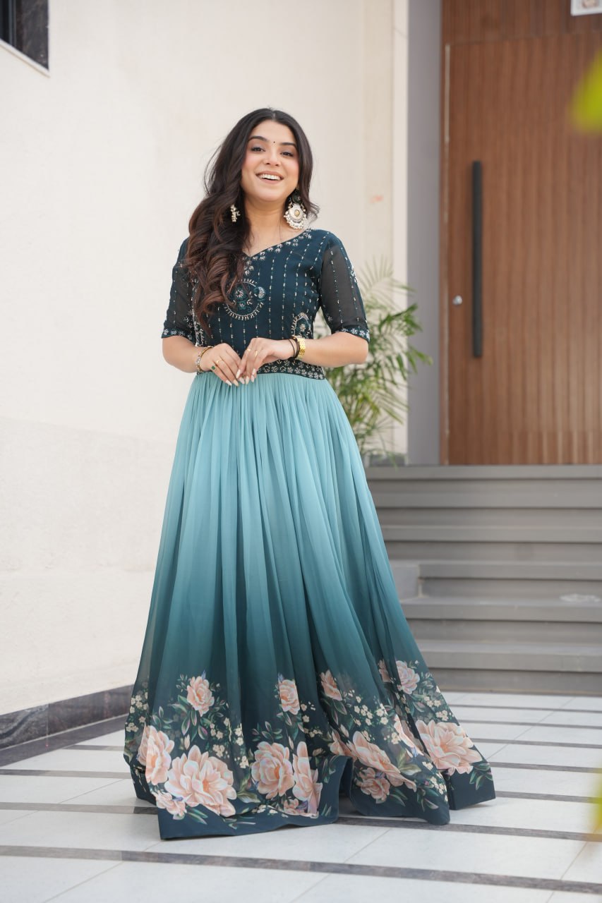 Blue Designer Faux Blooming Gown with Bead Embroidery & Digital Floral Print