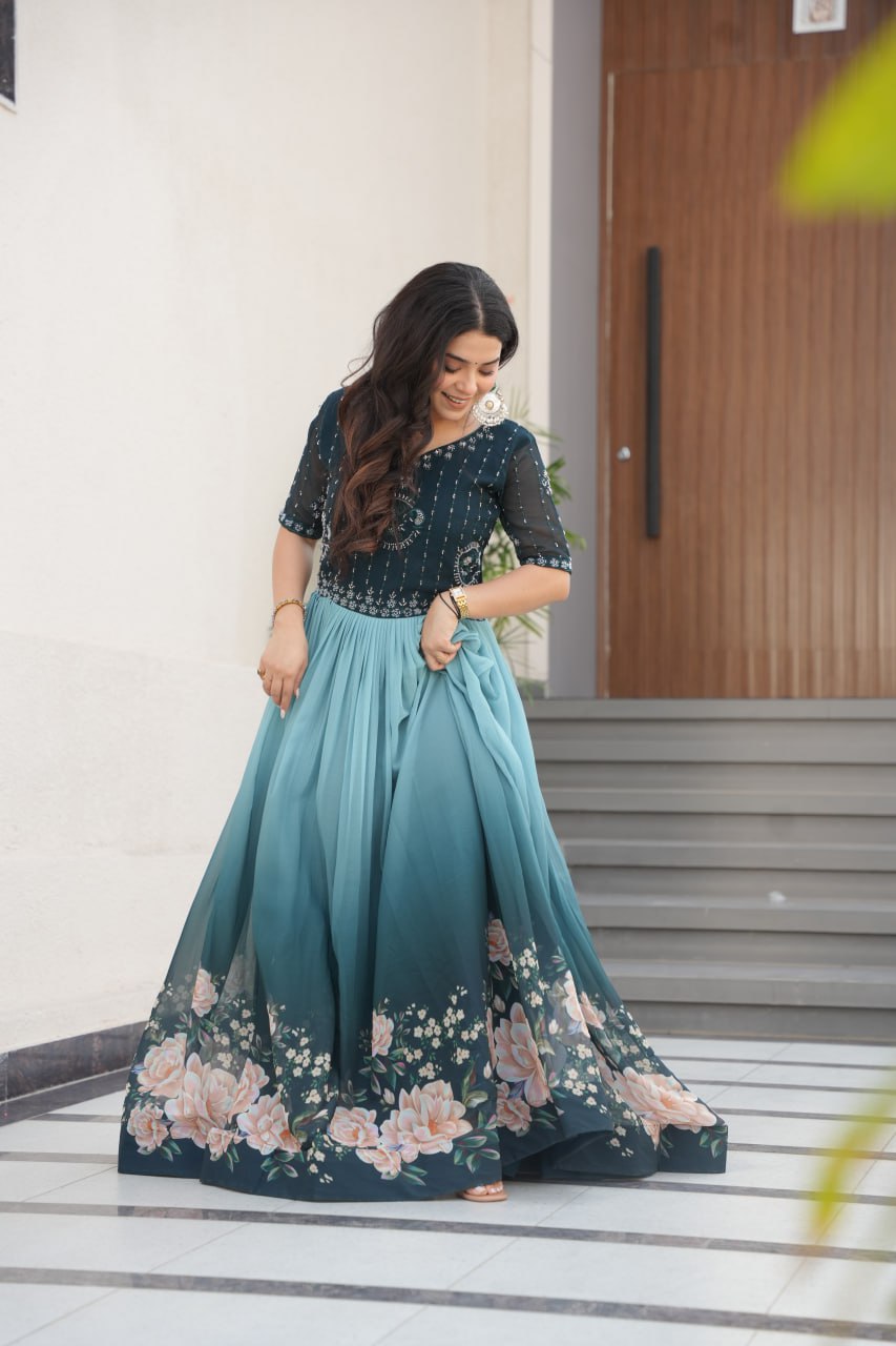 Blue Designer Faux Blooming Gown with Bead Embroidery & Digital Floral Print
