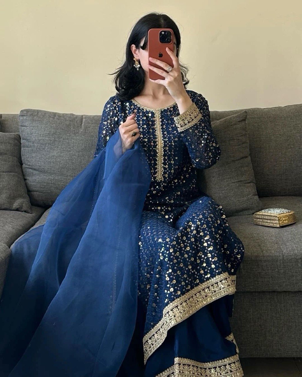 Blue Designer Faux Georgette Thread & Sequin Embroidered Suit Set with Butterfly Net Dupatta