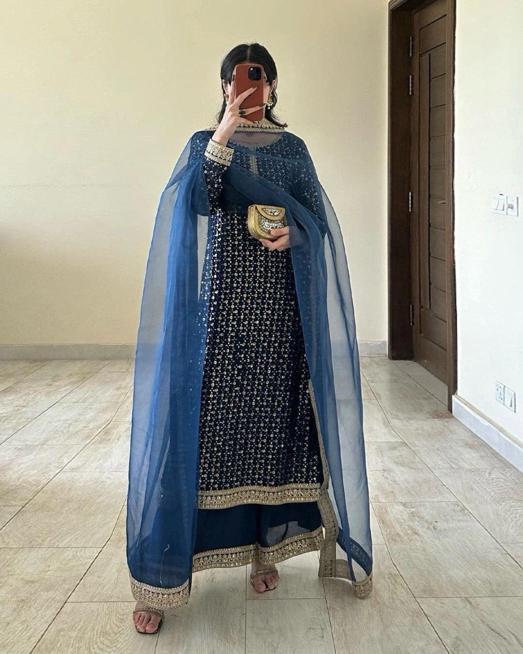 Blue Designer Faux Georgette Thread & Sequin Embroidered Suit Set with Butterfly Net Dupatta