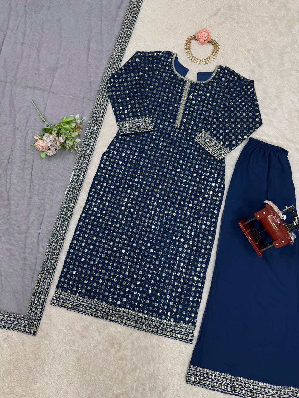 Blue Designer Faux Georgette Thread & Sequin Embroidered Suit Set with Butterfly Net Dupatta
