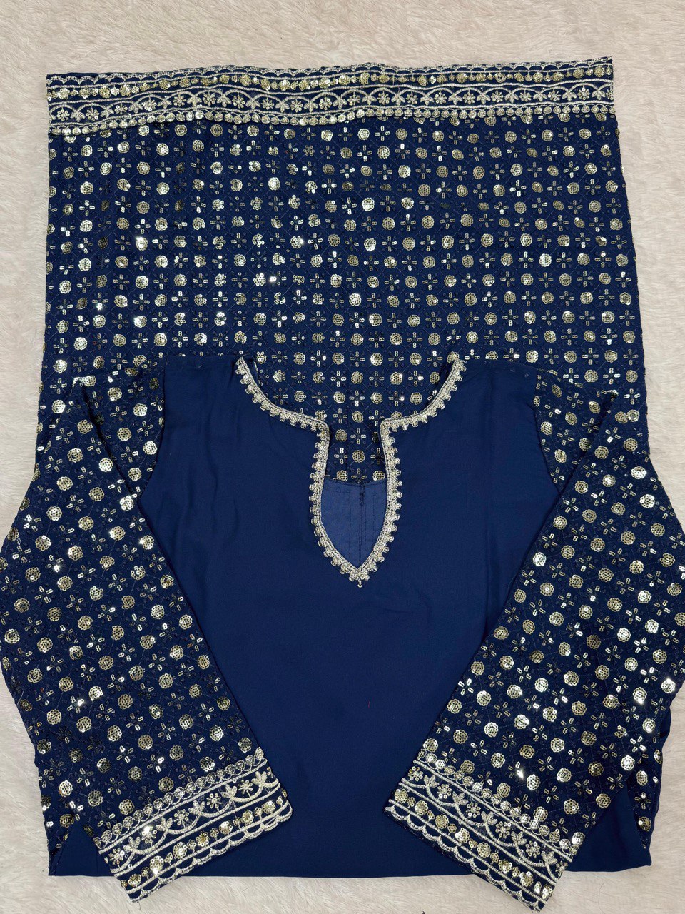 Blue Designer Faux Georgette Thread & Sequin Embroidered Suit Set with Butterfly Net Dupatta