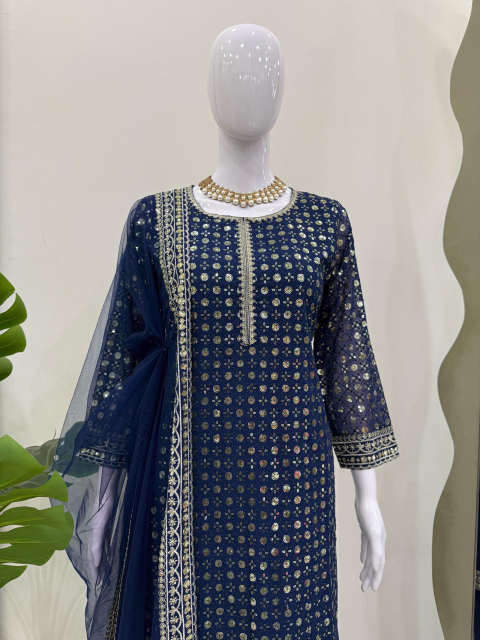 Blue Designer Faux Georgette Thread & Sequin Embroidered Suit Set with Butterfly Net Dupatta