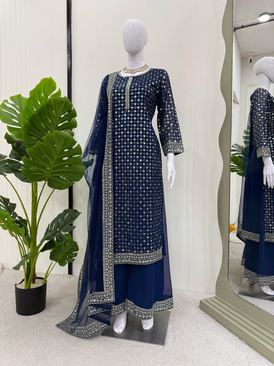 Blue Designer Faux Georgette Thread & Sequin Embroidered Suit Set with Butterfly Net Dupatta