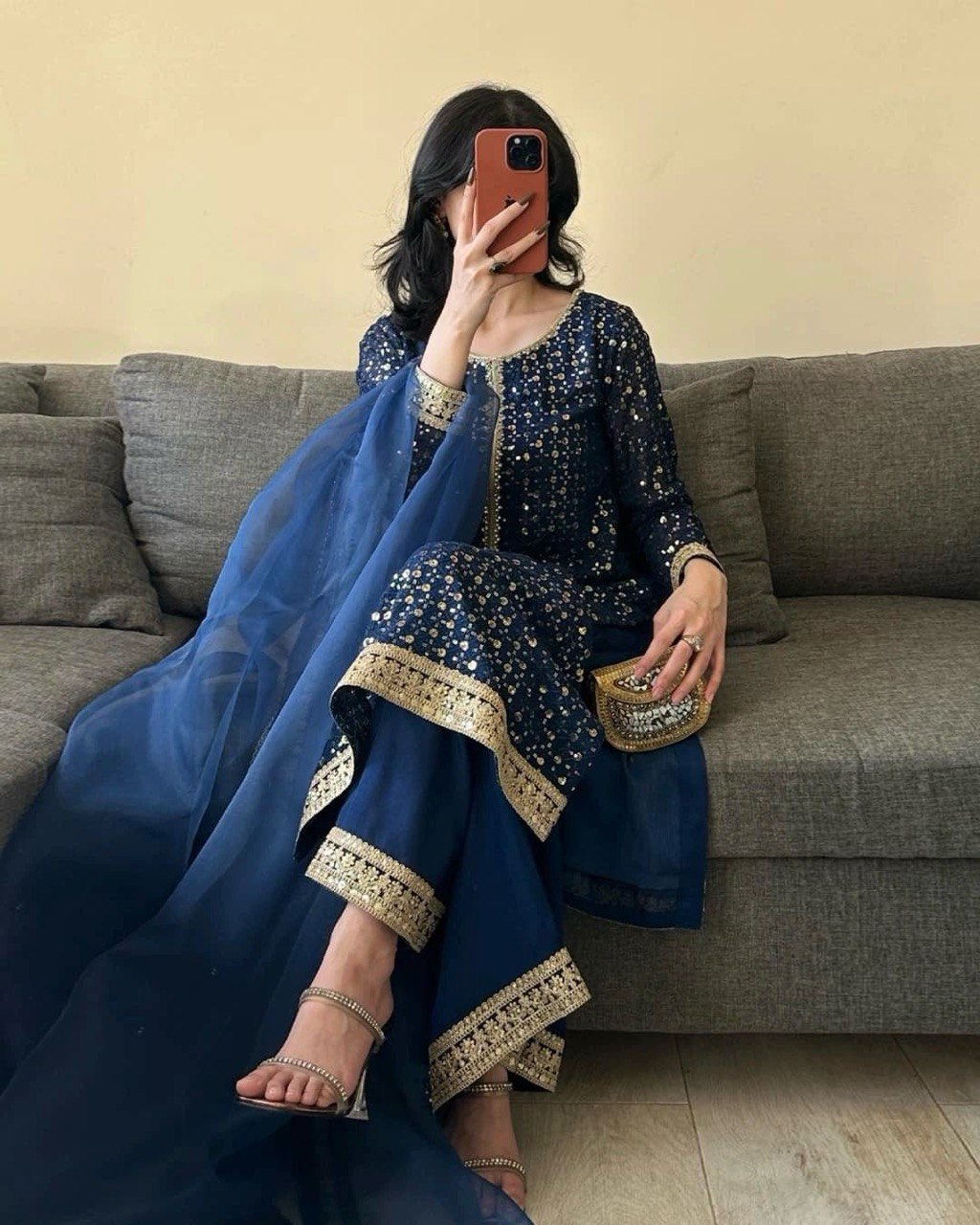 Blue Designer Faux Georgette Thread & Sequin Embroidered Suit Set with Butterfly Net Dupatta