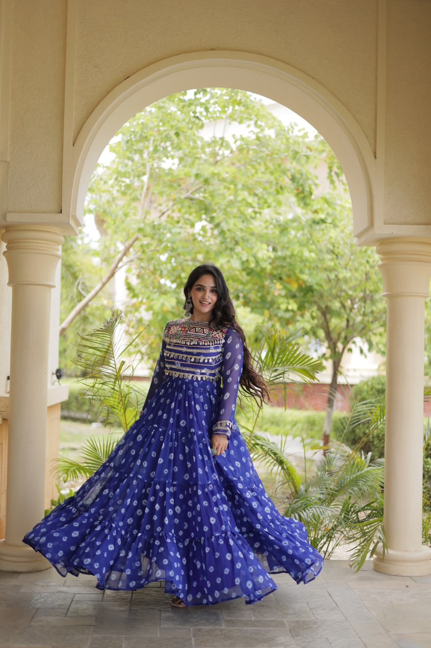 Blue Designer Gown with Kutchi Patchwork