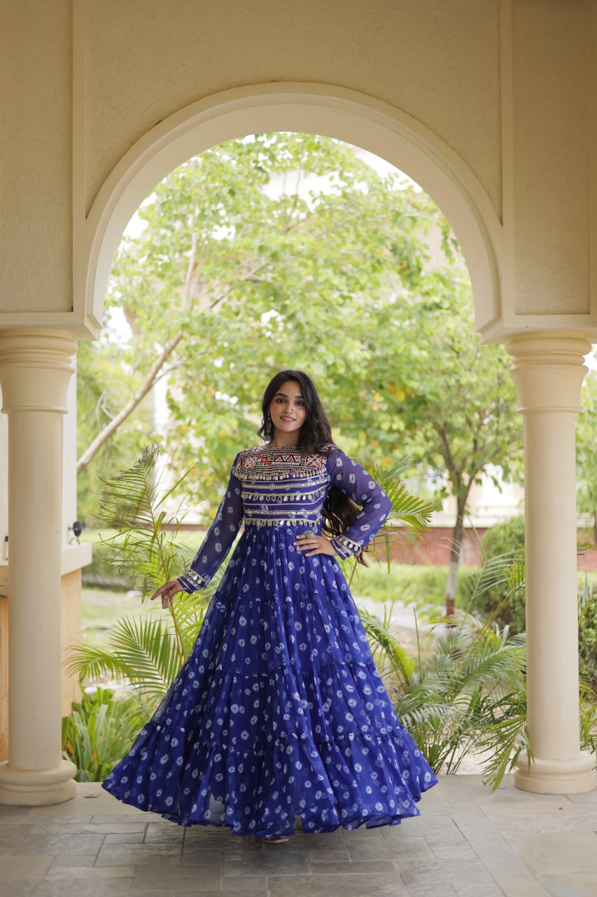 Blue Designer Gown with Kutchi Patchwork