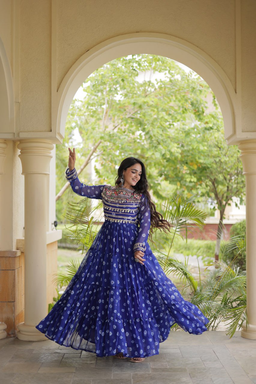 Blue Designer Gown with Kutchi Patchwork