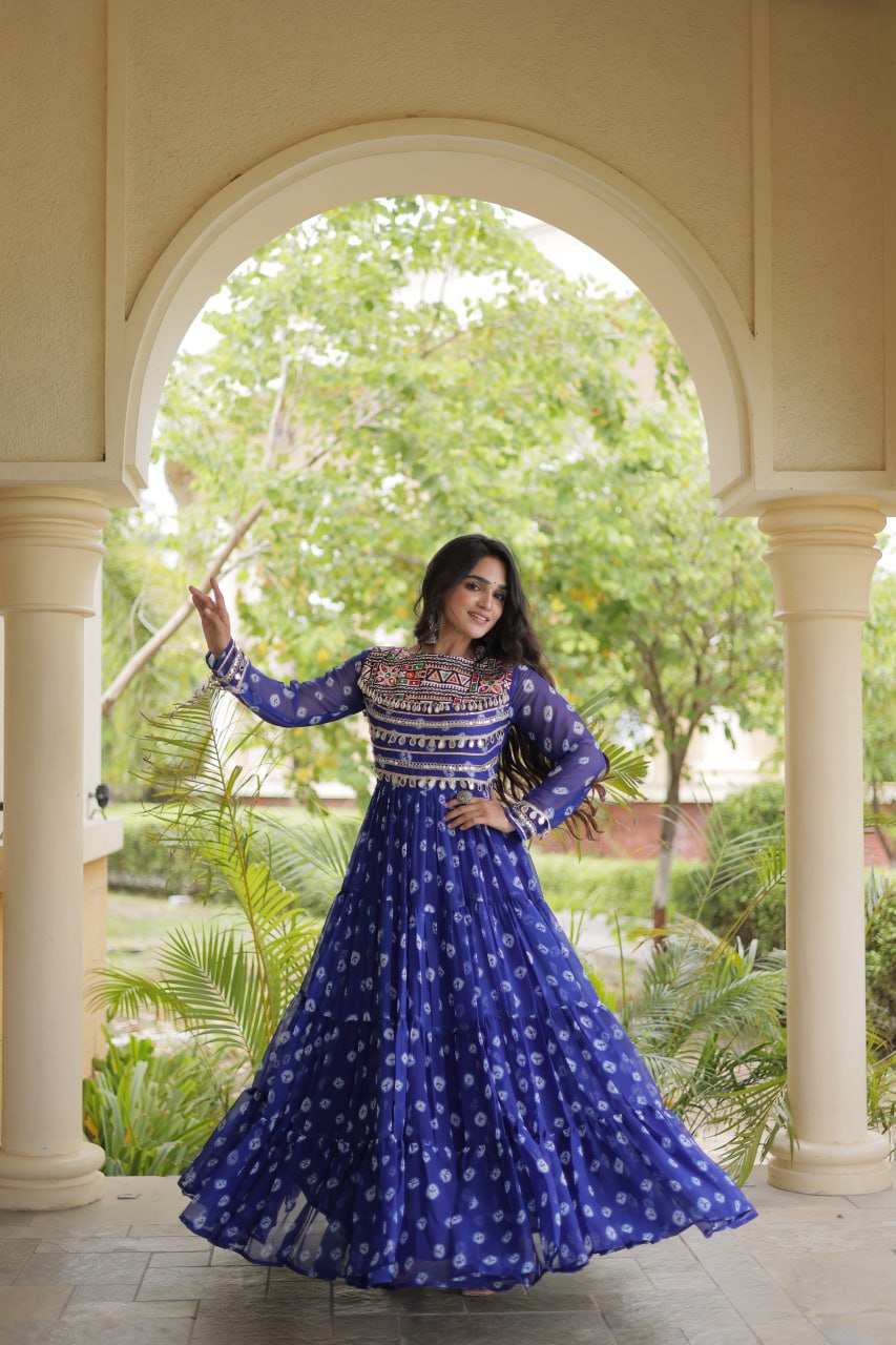 Blue Designer Gown with Kutchi Patchwork