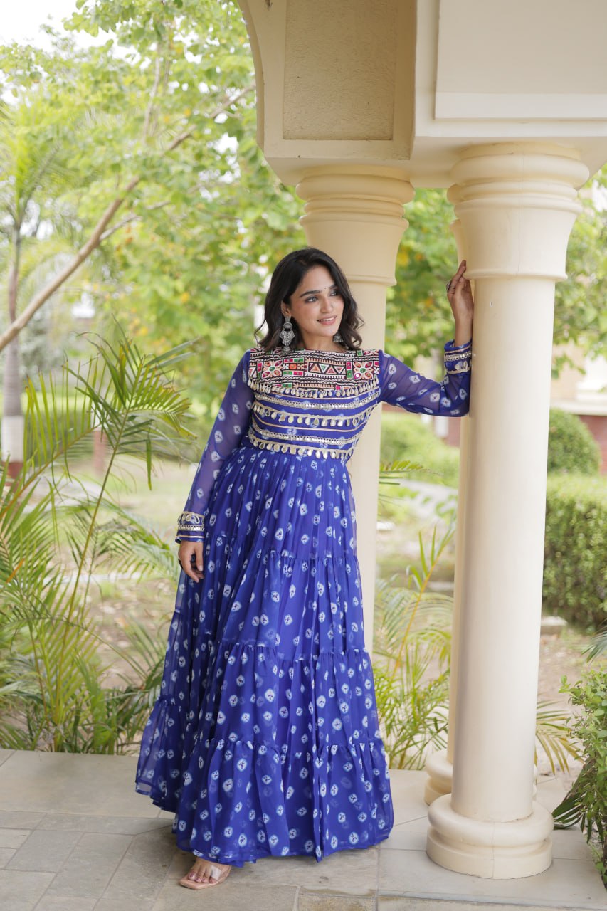 Blue Designer Gown with Kutchi Patchwork