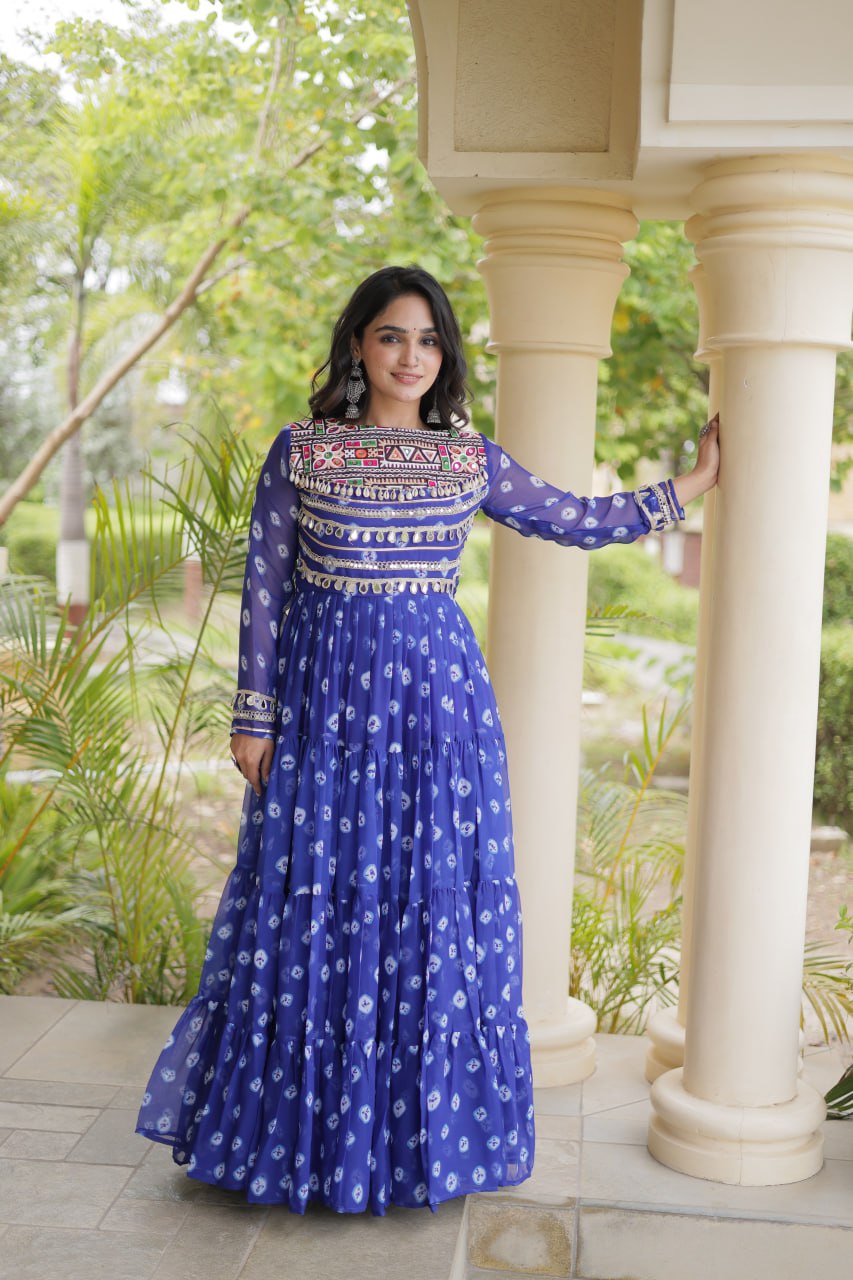 Blue Designer Gown with Kutchi Patchwork