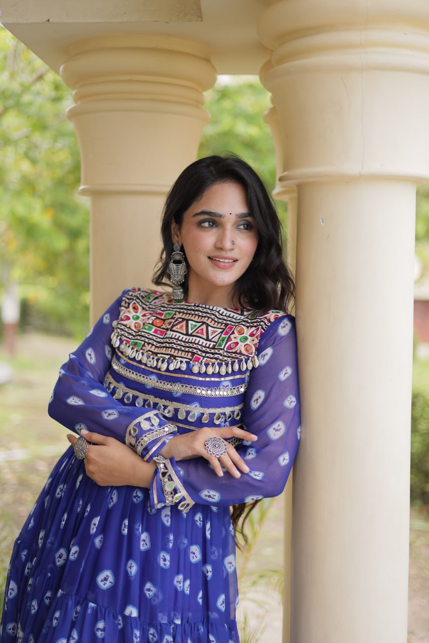 Blue Designer Gown with Kutchi Patchwork