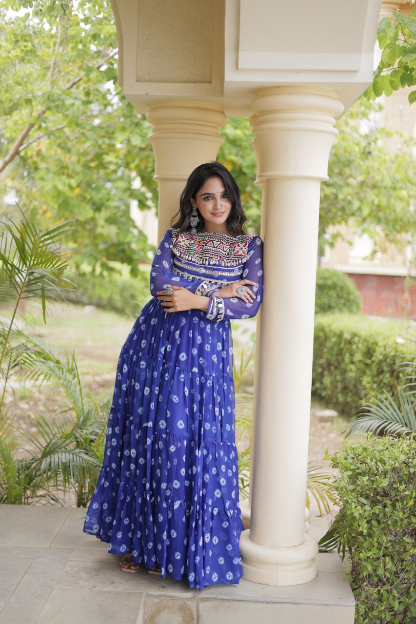 Blue Designer Gown with Kutchi Patchwork