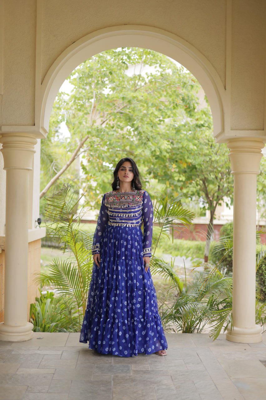 Blue Designer Gown with Kutchi Patchwork