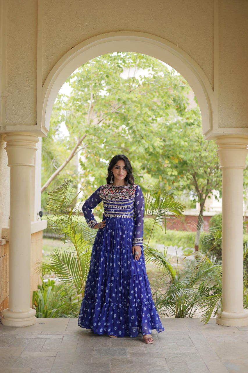 Blue Designer Gown with Kutchi Patchwork