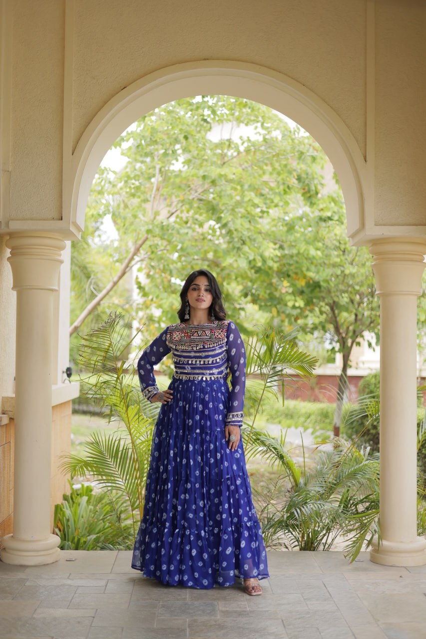 Blue Designer Gown with Kutchi Patchwork