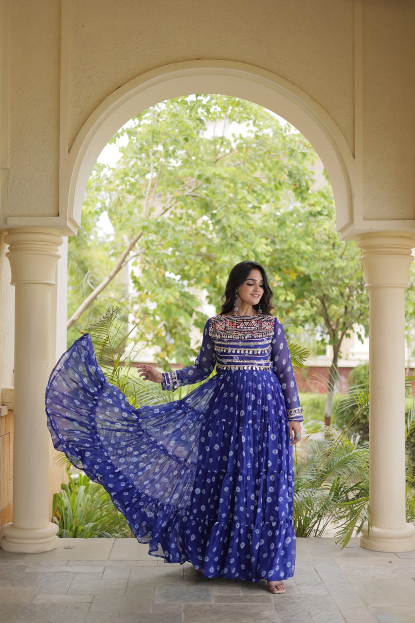 Blue Designer Gown with Kutchi Patchwork