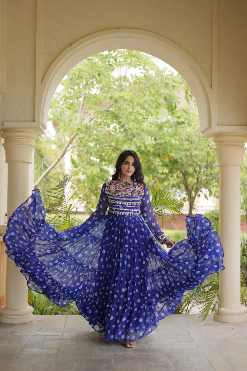 Blue Designer Gown with Kutchi Patchwork