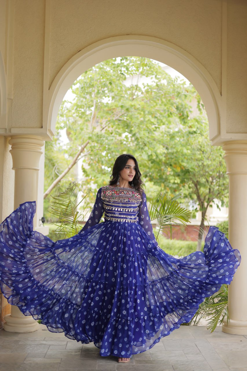 Blue Designer Gown with Kutchi Patchwork