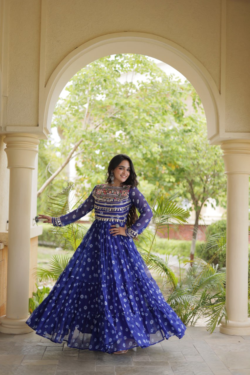 Blue Designer Gown with Kutchi Patchwork