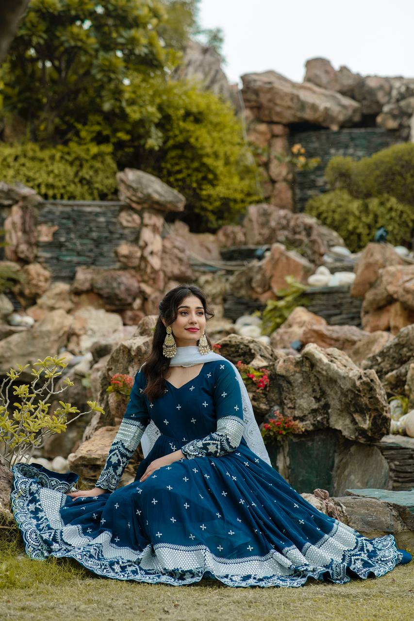 Blue Designer Luxury Anarkali Suit Set – Faux Blooming Fabric with Heavy Sequin & Thread Embroidery