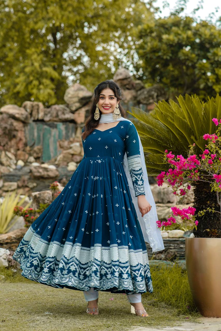 Blue Designer Luxury Anarkali Suit Set – Faux Blooming Fabric with Heavy Sequin & Thread Embroidery