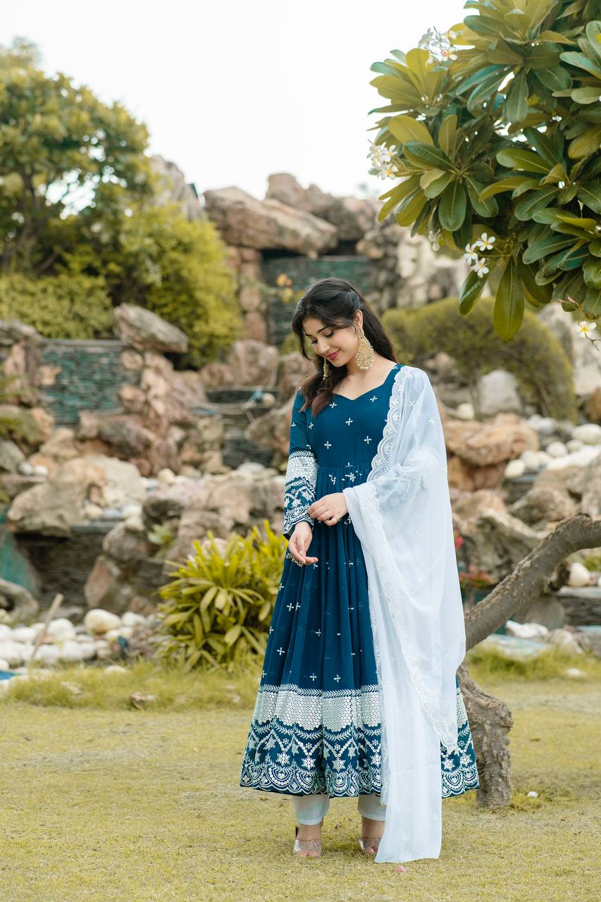 Blue Designer Luxury Anarkali Suit Set – Faux Blooming Fabric with Heavy Sequin & Thread Embroidery