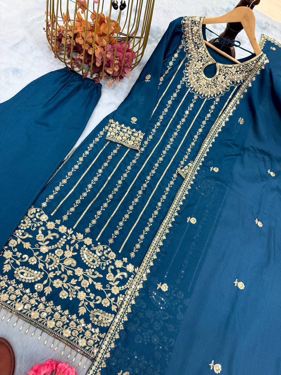Blue Designer Party Wear Chinon Silk Set – Elegant Embroidery & Tassel Detailing
