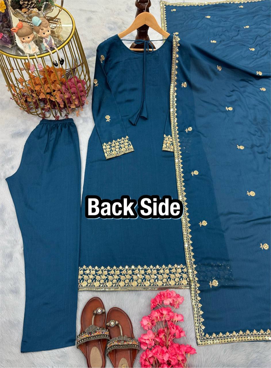 Blue Designer Party Wear Chinon Silk Set – Elegant Embroidery & Tassel Detailing