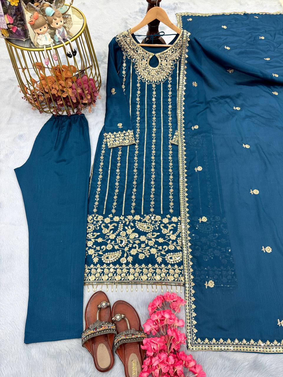 Blue Designer Party Wear Chinon Silk Set – Elegant Embroidery & Tassel Detailing