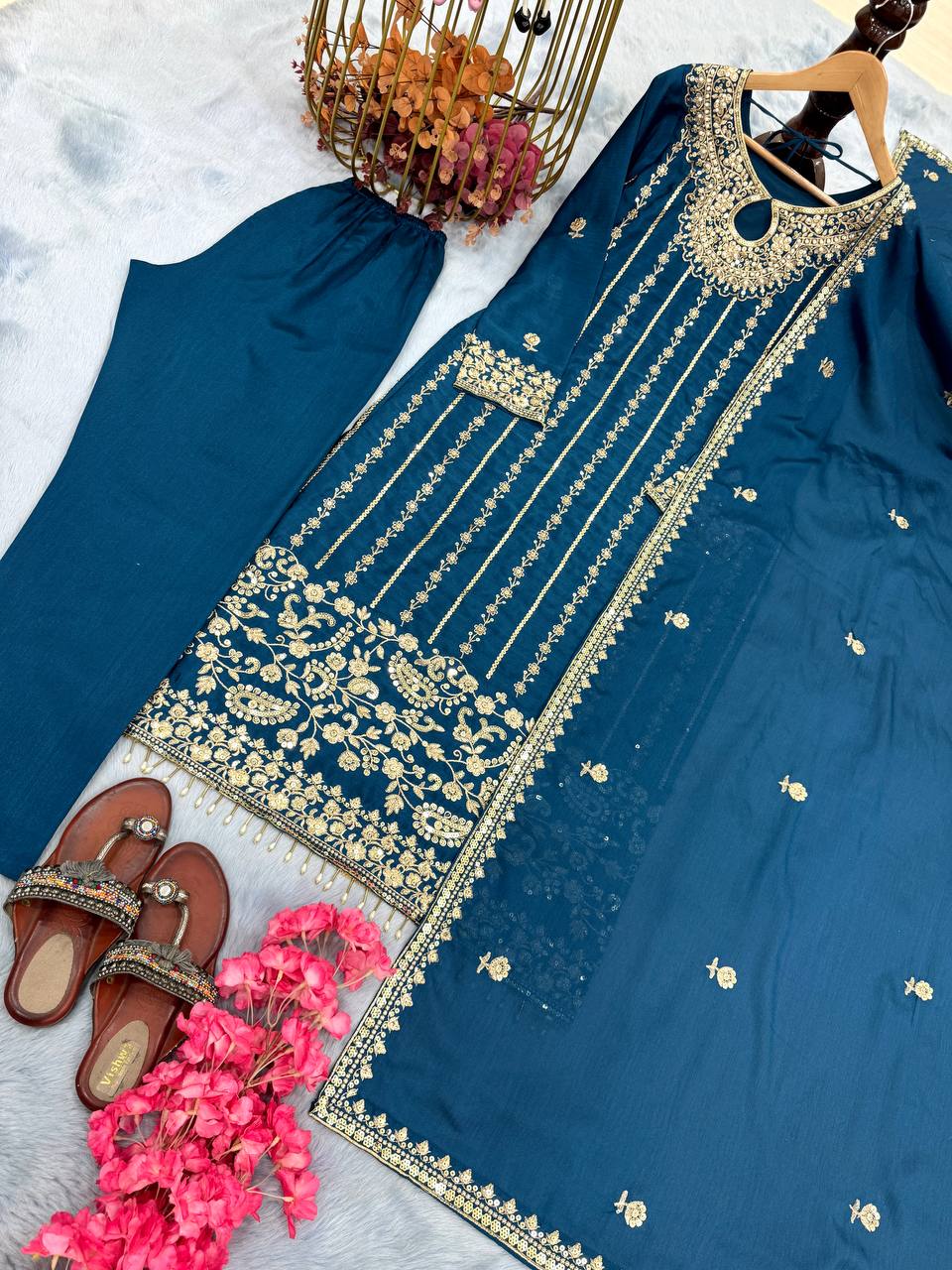 Blue Designer Party Wear Chinon Silk Set – Elegant Embroidery & Tassel Detailing
