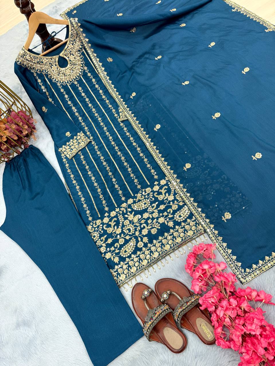 Blue Designer Party Wear Chinon Silk Set – Elegant Embroidery & Tassel Detailing