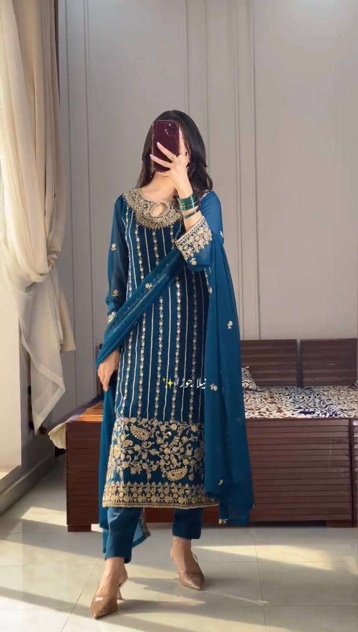 Blue Designer Party Wear Chinon Silk Set – Elegant Embroidery & Tassel Detailing