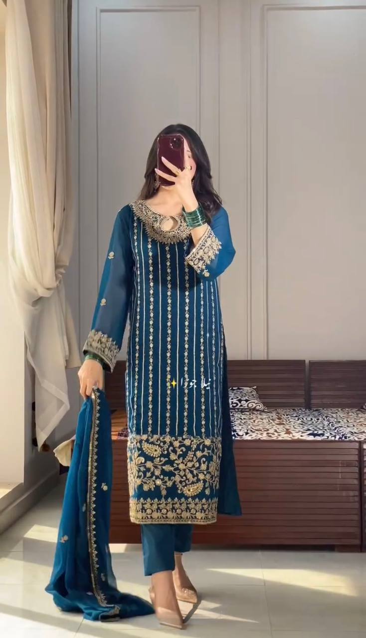 Blue Designer Party Wear Chinon Silk Set – Elegant Embroidery & Tassel Detailing