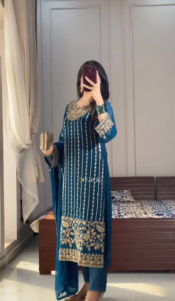Blue Designer Party Wear Chinon Silk Set – Elegant Embroidery & Tassel Detailing