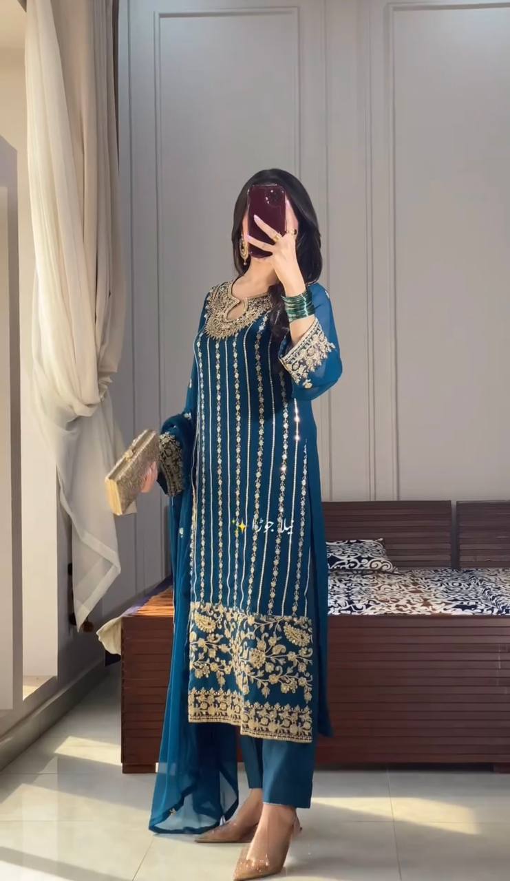 Blue Designer Party Wear Chinon Silk Set – Elegant Embroidery & Tassel Detailing