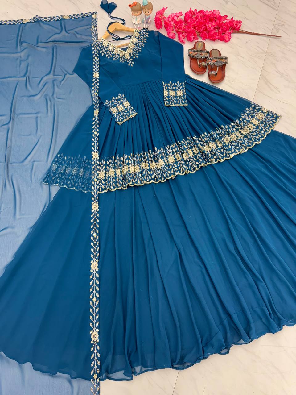 Blue Designer Party Wear Top with Lehenga & Dupatta Set - Sequin Embroidery and Tassel Accents